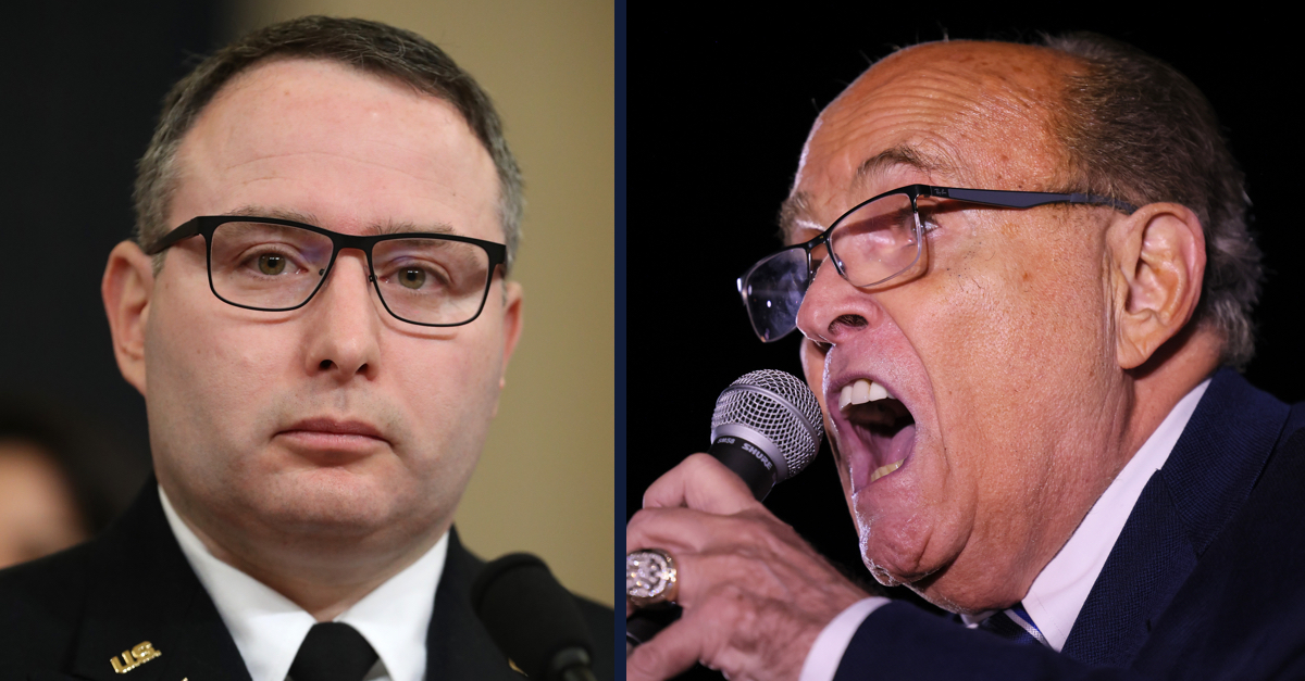 Left: Alexander Vindman wears glasses and a suit and tie while preparing to testify before Congress. Right: Rudy Giuliani, wearing a dark suit jacket and white shirt, holds a microphone in his left hand, which bears a large gold ring, and is seen shouting into the microphone.