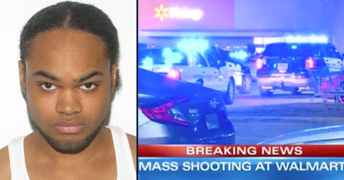 Left: Andre Bing, wearing a white tank top, is staring unsmiling at the camera. He has dark brown or black hair that appears to be pulled back and a thin beard along his jawline. Right: Police cars are seen outside a Walmart in Chesapeake, Virginia, after a deadly shooting on Nov. 22, 2022 (via YouTube screengrab/WAVY).