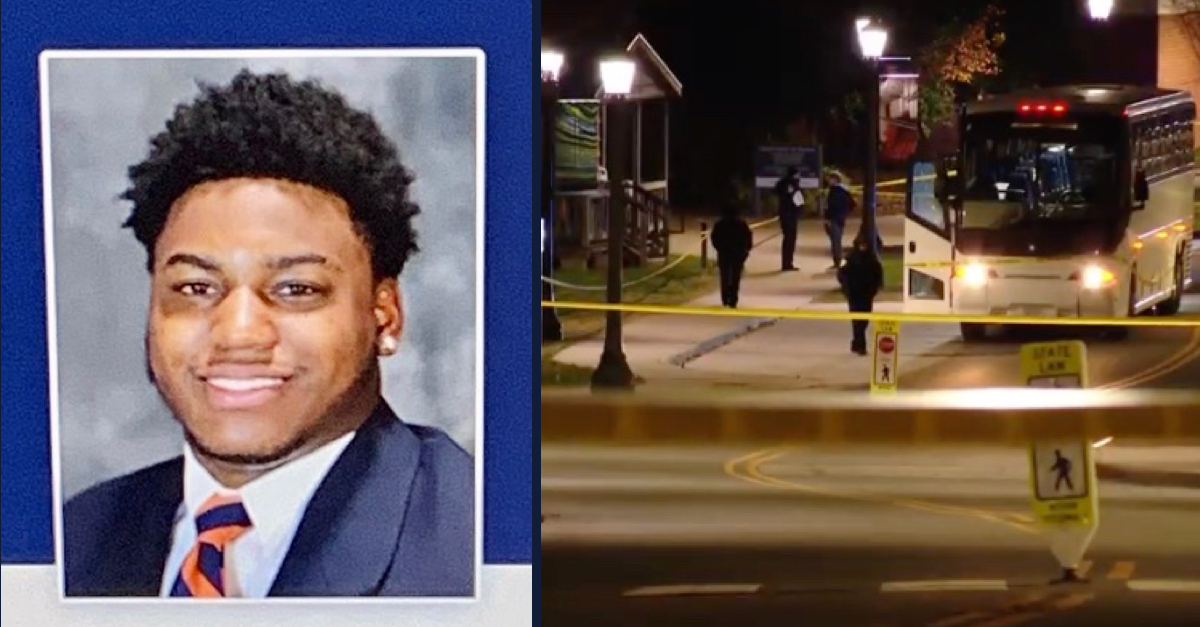 Left: Christopher Darnell Jones is seen smiling for a posed portrait. He is wearing a blue suit coat, white collared shirt, and blue and gold tie. Right: A large white bus and law enforcement are seen behind an area blocked off by yellow police tape.
