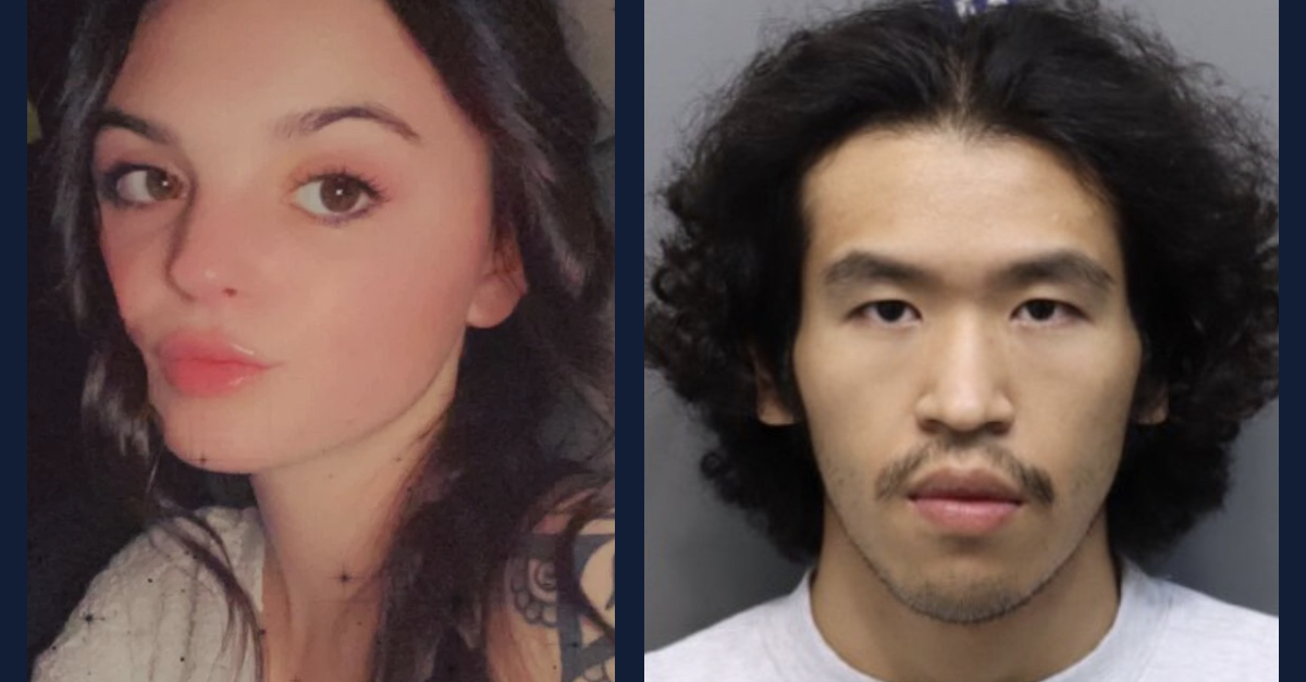 Jasmine Pace (L) appears in a police missing persons graphic and Jason Chen (R) appears in a mugshot