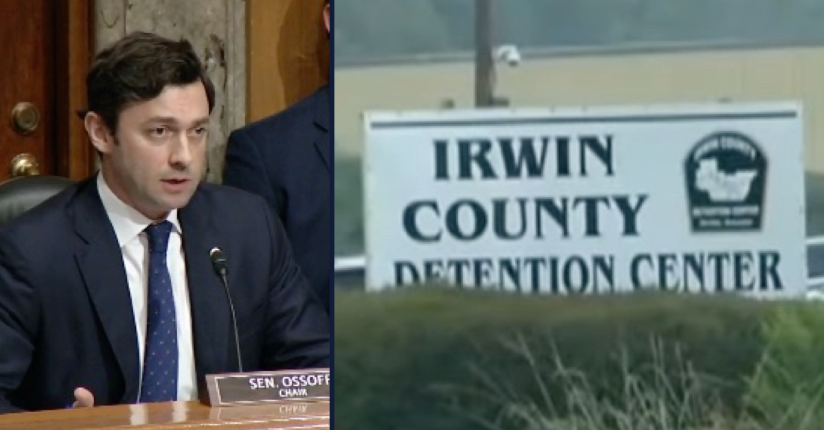Left: Sen. Jon Ossoff (D-Ga.) questions a witness during a hearing on alleged mistreatment of ICE detainees. He is wearing a blue suit and speaking into a microphone. Right: a sign with "Irwin County Detention Center" is written in black letters on a white background.