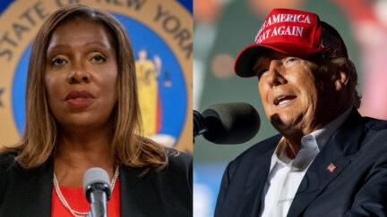 Left: Letitia James, wearing a red shirt, dark jacket, and pearl necklace, discusses Donald Trump's financial dealings at a press conference. Right: Donald Trump, wearing a white shirt, dark suit jacket, and a red 