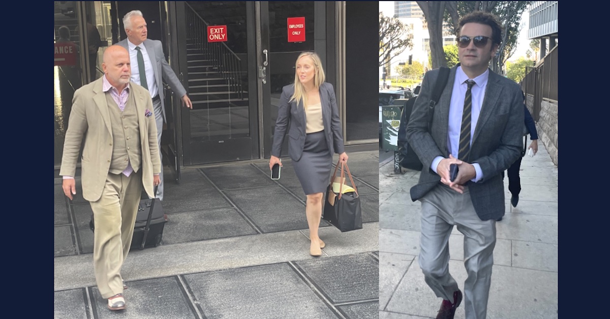 Two photos, one on the right of Danny Masterson and one on the left of his lawyer, Philip Cohen, and prosecutors Reinholdt Mueller and Ariel Anson