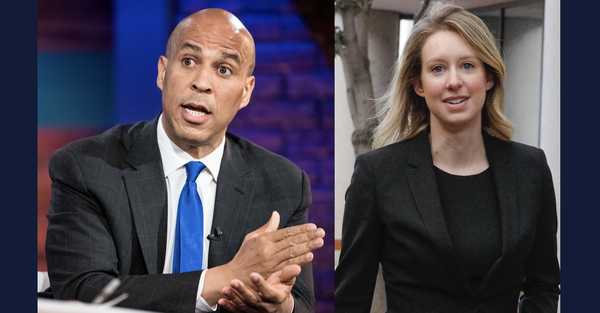 Two photos, one of Sen. Cory Booker and one of Theranos founder Elizabeth Holmes