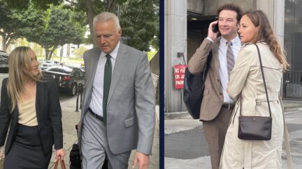 Two prosecutors walking in suits and a separate photo of Danny Masterson and Bijou Phillips