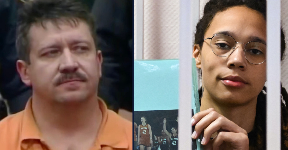 Left: Russian arms dealer Viktor Bout, wearing an orange shirt, has short brown hair and a mustache and is sitting before cameras after being apprehended in 2008. Right: Brittney Griner, wearing rimless glasses and her hair in long braids, is behind bars, holding a picture of WNBA players wearing her number.