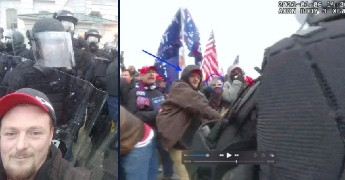 Left: Troy Sargent smiles in a selfie-style image while standing in front of riot gear police in the Capitol. He wears a baseball cap with red bill and a goatee. He smiles with his mouth closed. Right: Footage from a body camera worn by police appears to show Troy Sargent hitting a police officer with his right hand while his left hand is raised. He appears to be holding a cell phone in his left hand.