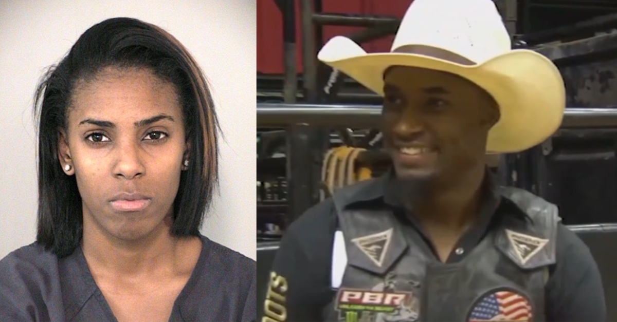 Lashawn Denise Bagley (left) shot and killed her on-and-off boyfriend Demetrius Omar Lateef Allen, who was known professionally as bull rider Ouncie Mitchell. (Mugshot of Bagley via Fort Bend County Jail; screenshot of Mitchell via Professional Bull Riders)
