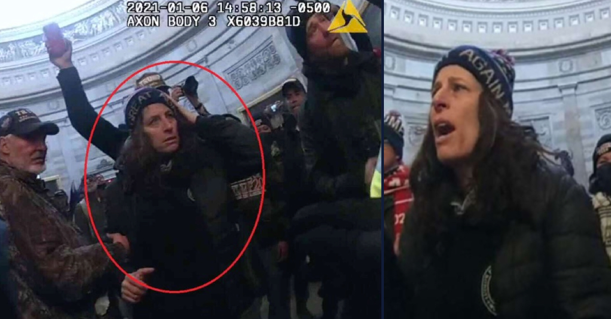 Right: Pauline Bauer is wearing a "Make America Great Again" knit hat and is touching her head with her left hand. She is wearing a heavy coat. Right: Bauer is seen mid-sentence inside the Capitol building. 