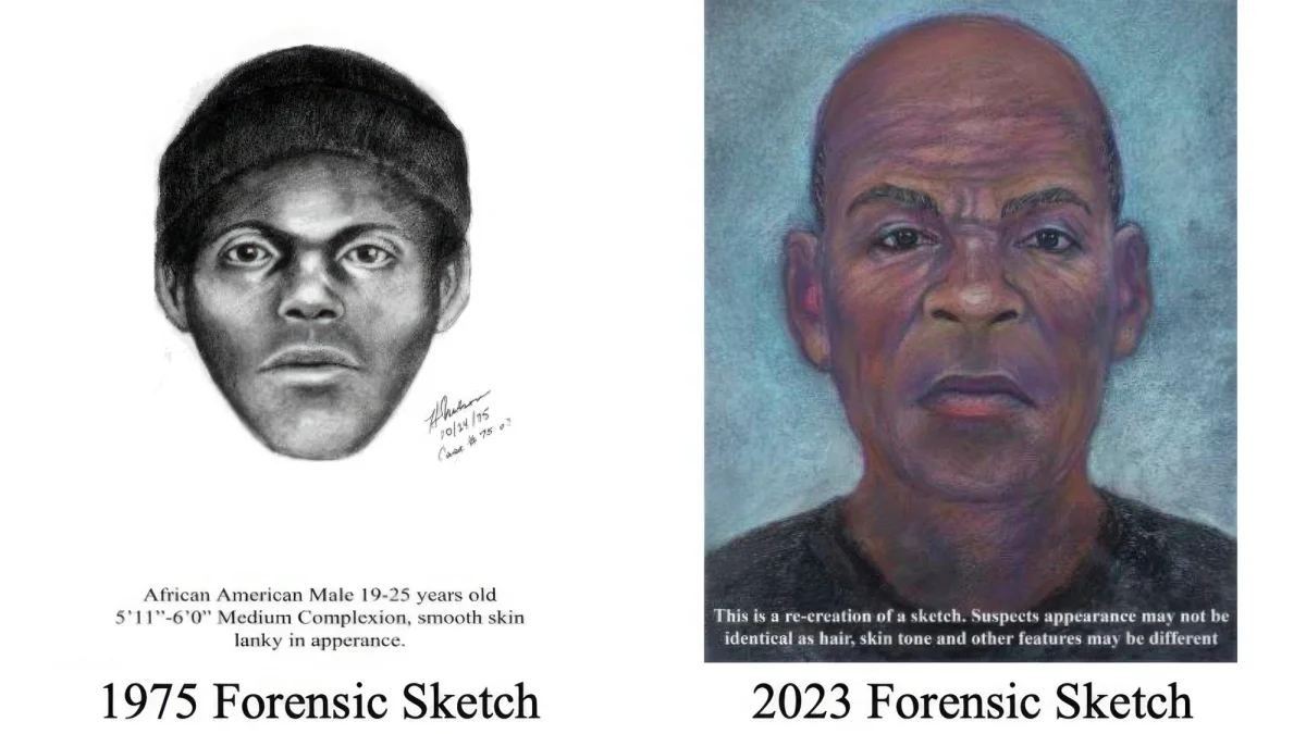 A composite sketch shows the Doodler in the mid 1970s, left, and an age progressed version on the right.