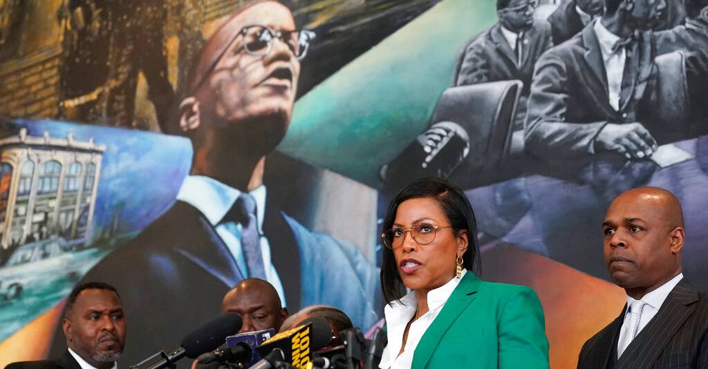 Ilyasah Shabazz, a daughter of Malcolm X, second from right, speaks during a news conference at the Malcolm X & Dr. Betty Shabazz Memorial and Educational Center in New York, Tuesday, Feb. 21, 2023. Some of Malcom X's family members and their attorneys announced their intent to sue governmental agencies for Malcom X's assassination and the fraudulent concealment of evidence surrounding the murder. In 1965, minister and civil rights activist Malcolm X, 39, was shot to death inside Harlem's Audubon Ballroom in New York. (AP Photo/Seth Wenig)