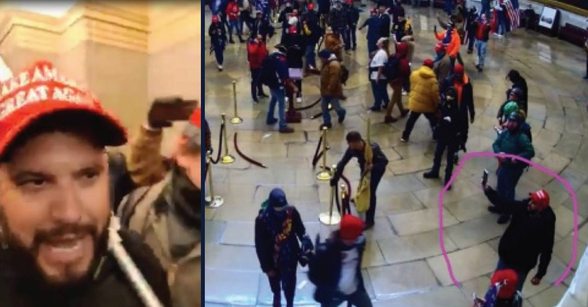 Gabriel Garcia is seen wearing a red "Make America Great Again" hat while inside the U.S. Capitol on Jan. 6. In one image, he is recording himself, selfie-style. In the other, he is seen on Capitol surveillance footage. 