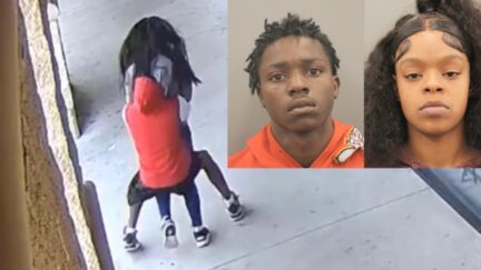 The figure at left body slammed and robbed Nhung Truong on Feb. 13, 2022, police said. Officers claim that's Joseph Harrell. Zy'Nika Ayesha Woods was in a nearby vehicle serving as the getaway driver, officers said. (Images: Houston Police Department)