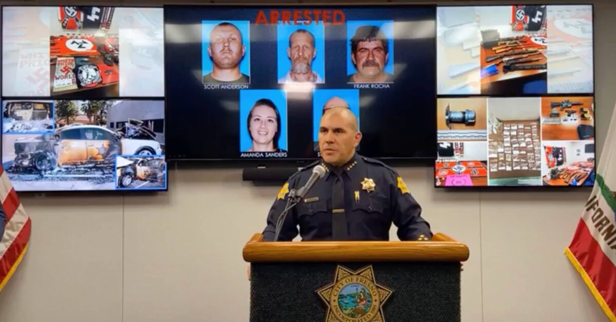Five people were arrested in a series of pipe bombings in Fresno, Calif. and police were searching for links to white supremacist groups. (Screenshot from news conference by Fresno Police Department)