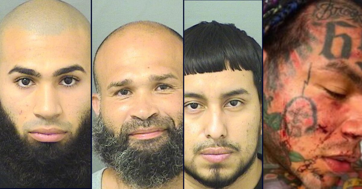 From left: Octavious Medina, Rafael Antonio Medina Jr., and Anthony Maldonado, face charges in the attack on Tekashi 6ix9ine, right, in a gym in Florida. (Mugshots from Palm Beach County Sheriff