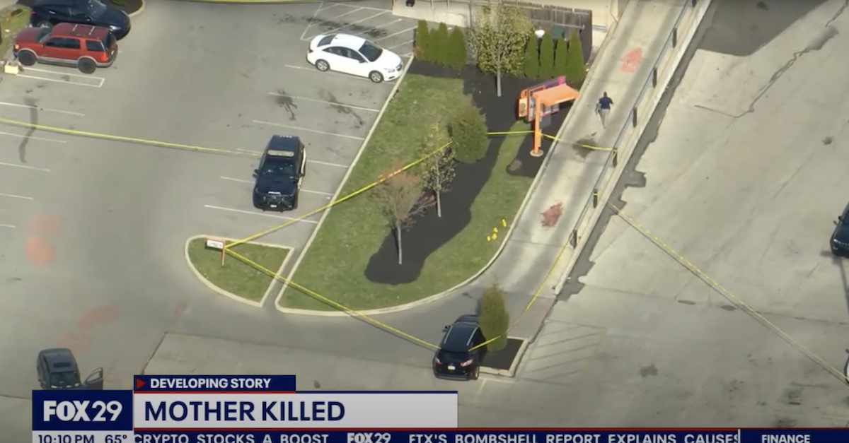 An aerial view of the Dunkin' drive-thru scene where Rachel King was shot and killed.