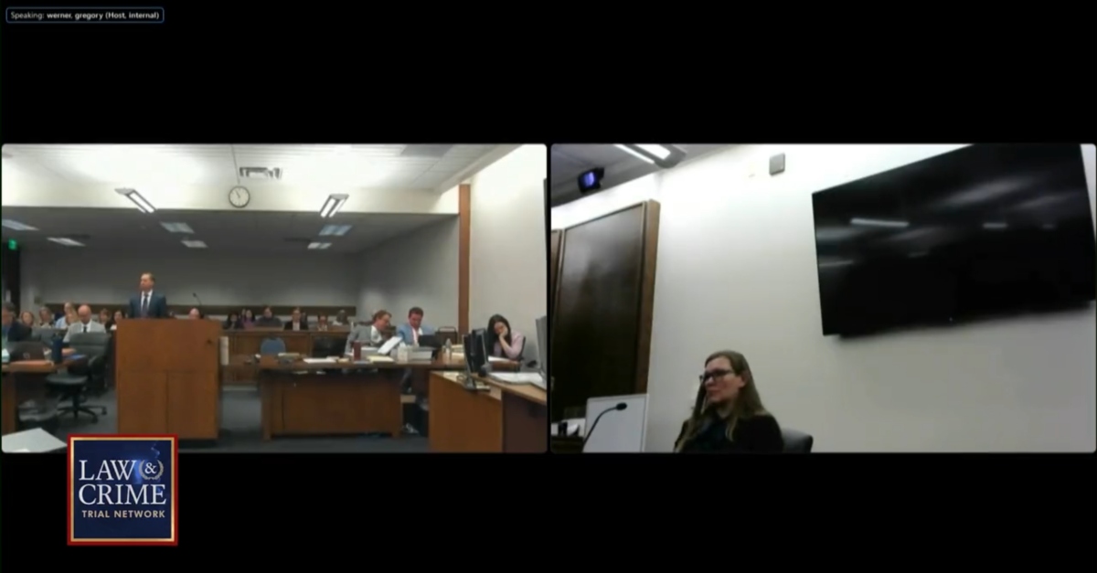 Letecia Stauch (wearing pink in the left-hand image) listens to testimony on April 12, 2023. (Screenshot: Law&Crime Network)