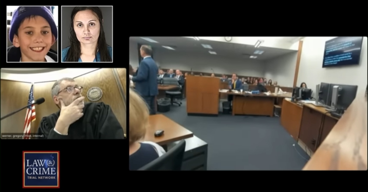 Prosecutor Michael Allen delivers his opening statement in the murder trial against Letecia Stauch on April 3, 2020. Authorities said the defendant stabbed and shot her stepson Gannon Stauch, 11. (Screenshot: Law&Crime Network)