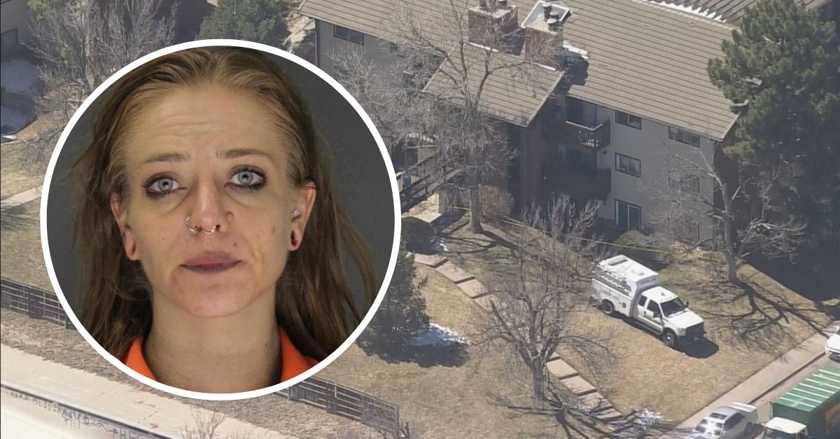 Casie Bock was arrested after police discovered a body in the crawl space of her Colorado condo. (Crime scene photo from CBS News Colorado; mugshot from Aurora Police Department)