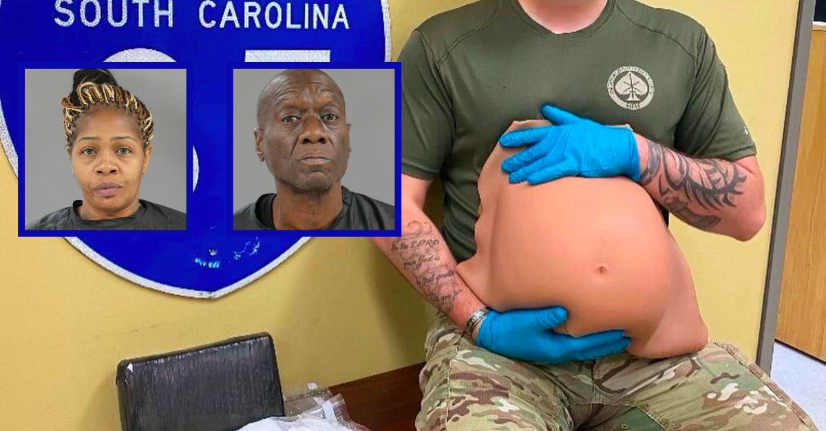 Cemeka Mitchem (L) and Anthony Miller (R) appear inset against an image of a fake stomach they allegedly used to hide and transport cocaine in South Carolina