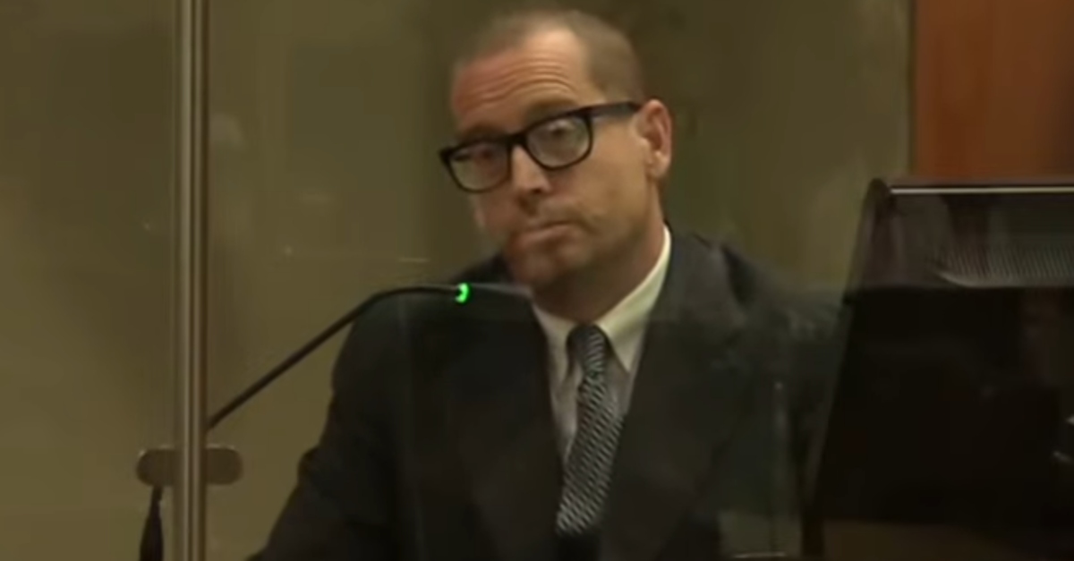 Richard Merritt testifies on May 23, 2023, in his murder trial. Authorities said his fatally stabbed and beat his mother, Shirley Merritt, 77, on the day he was supposed to turn himself in for a fraud case. (Screenshot: Law&Crime Network)