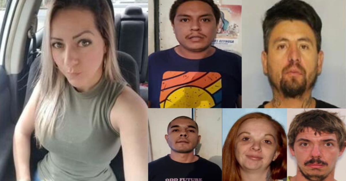 Left: Rossana Delgado. Top row: left to right - Oscar Manuel Garcia and Juan Ayala-Rodriguez. Bottom row: left to right - Juan Antonio Vega, Terri Amanda Garner, and Calvin Harvard. (Image of Delgado: Barrow County Sheriff's Office; images of the defendants: District Attorney, Appalachian Judicial Circuit in Georgia)