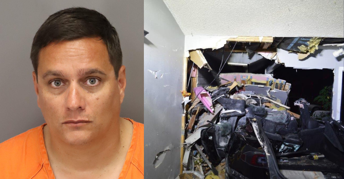 Vaughn W. Mongan drove a Telsa so fast that it flew and crashed into Donna Rein's house, killing her and the car owner, Travis Meisman, according to troopers. (Mugshot: Pinellas County Sheriff's Office; image: Florida Highway Patrol)