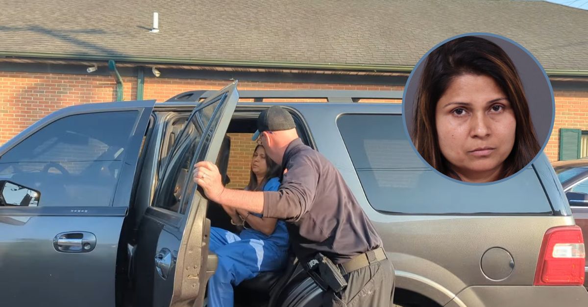 Sammar Khan is put into the back of a police car during her arrest for the murder of her estranged husband. (Mugshot inset from Bucks County District Attorney's Office; Screenshot of arrest from LevittownNow, NewtownPANow & New Hope Free Press)