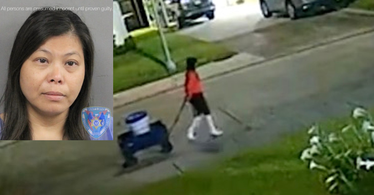Authorities say that is Bunnak "Hannah" Landon on surveillance footage dragging a wagon that contained the body of her boyfriend