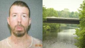 Eric R. Meagan and the river where he allegedly drowned his mother on Monday (New Milton Police Dept. and WVIT screenshot)