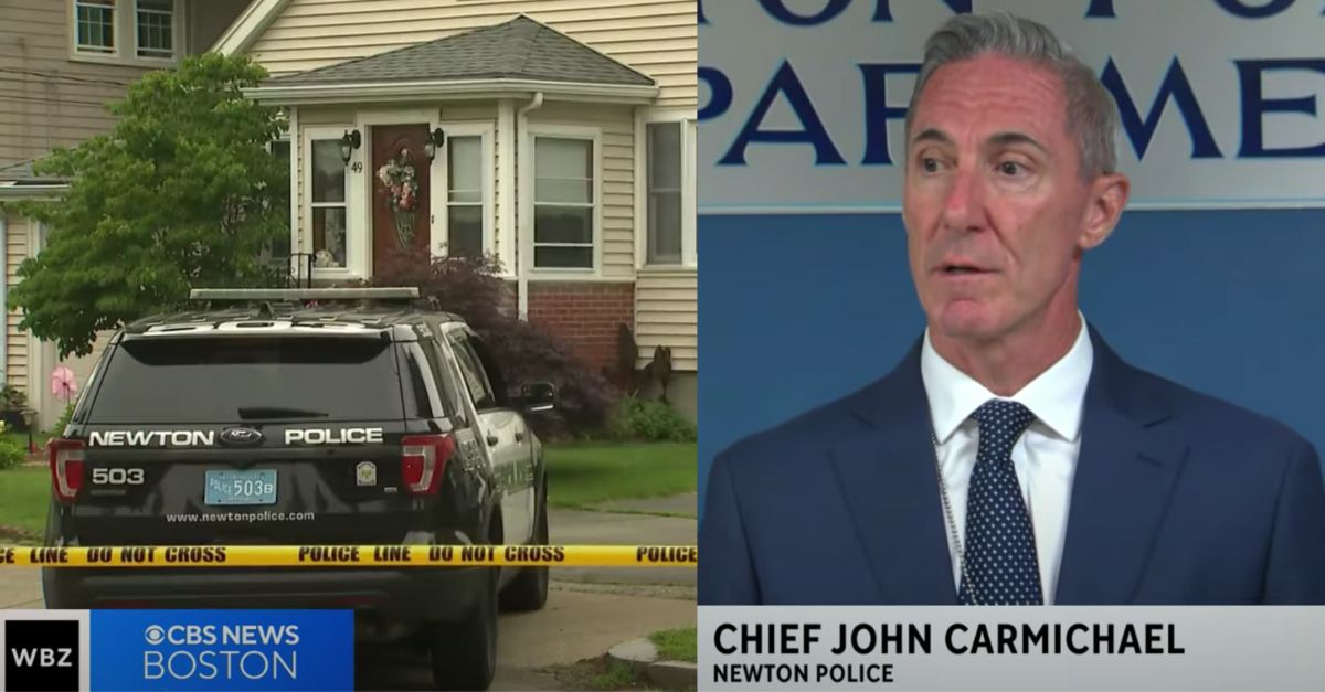 A home in Newton, Mass. is taped off by police (L) after three elderly residents were killed before church; Newton Police Chief John Carmichael speaks (R)
