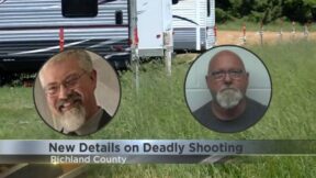 David A. Harp, 61, right inset, is accused of killing his brother-in-law, Corby J. Neef, 54, left inset, at a campground in Wisconsin. (Screenshots from Madison, Wisconsin's ABC affiliate WKOW)