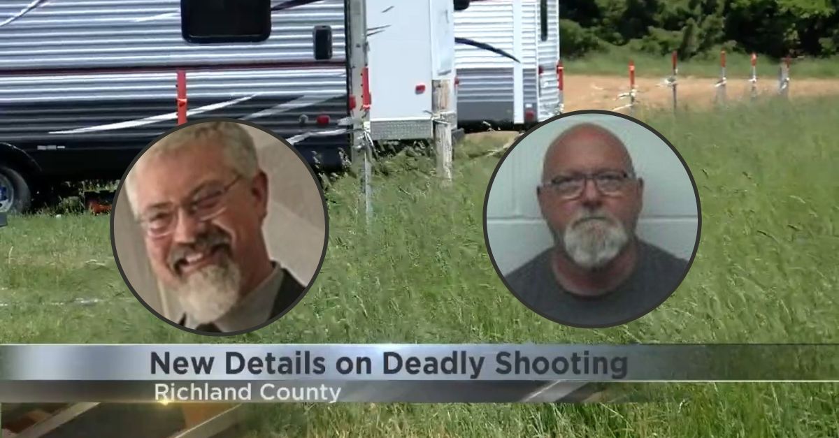 David A. Harp, 61, right inset, is accused of killing his brother-in-law, Corby J. Neef, 54, left inset, at a campground in Wisconsin. (Screenshots from Madison, Wisconsin