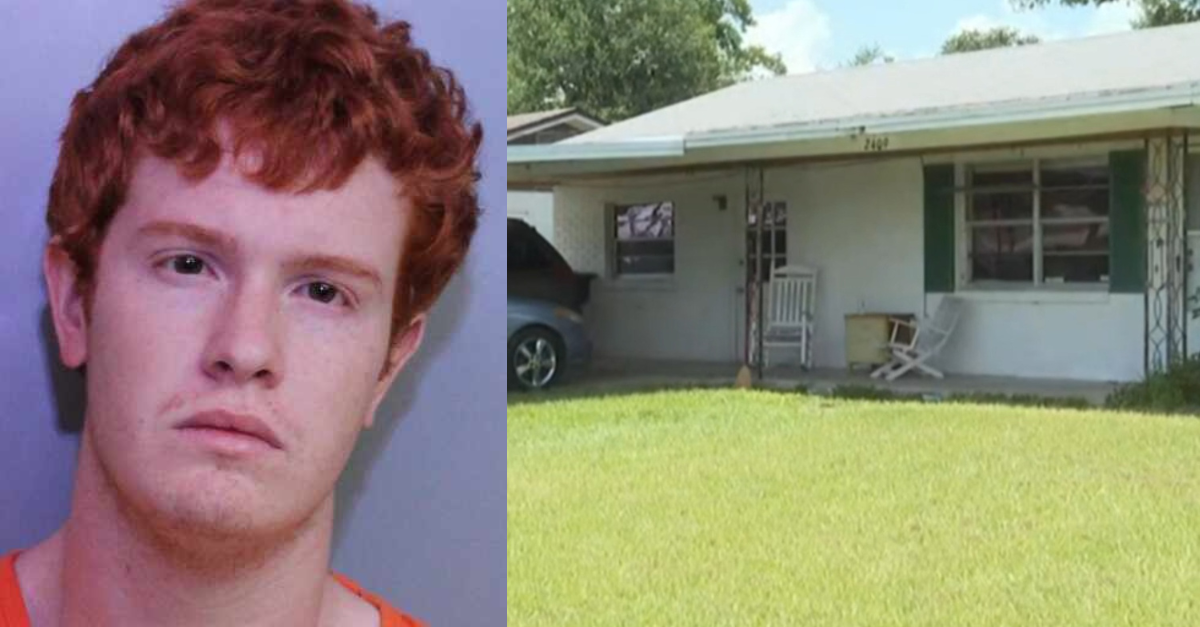 Riley John Groover in a 2018 mugshot. The home where he, his mother, and Camden Ryder lived. (Mugshot: Polk County Sheriff