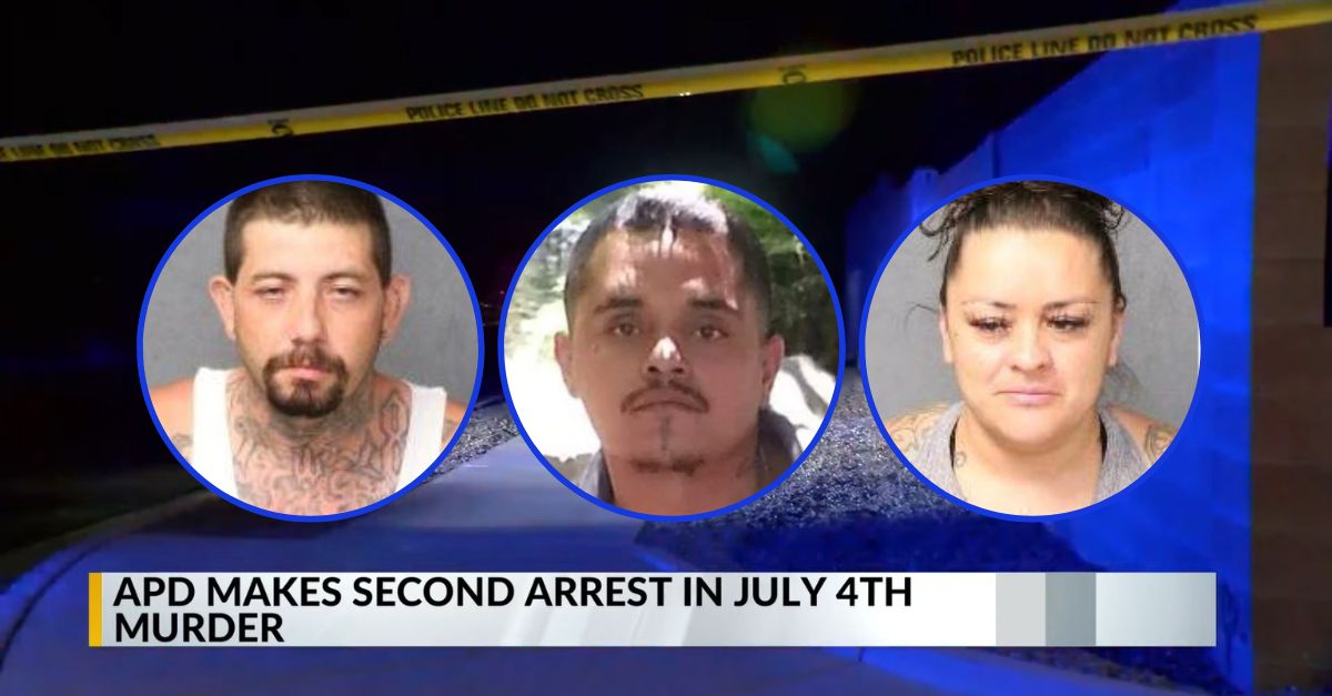 From left: James Sena, Joel Valdez, and Erica Valdez (Mugshots from Albuquerque Police Department; Crime scene photo screenshot from KRQE; Joel Valzez photo from GoFundMe)