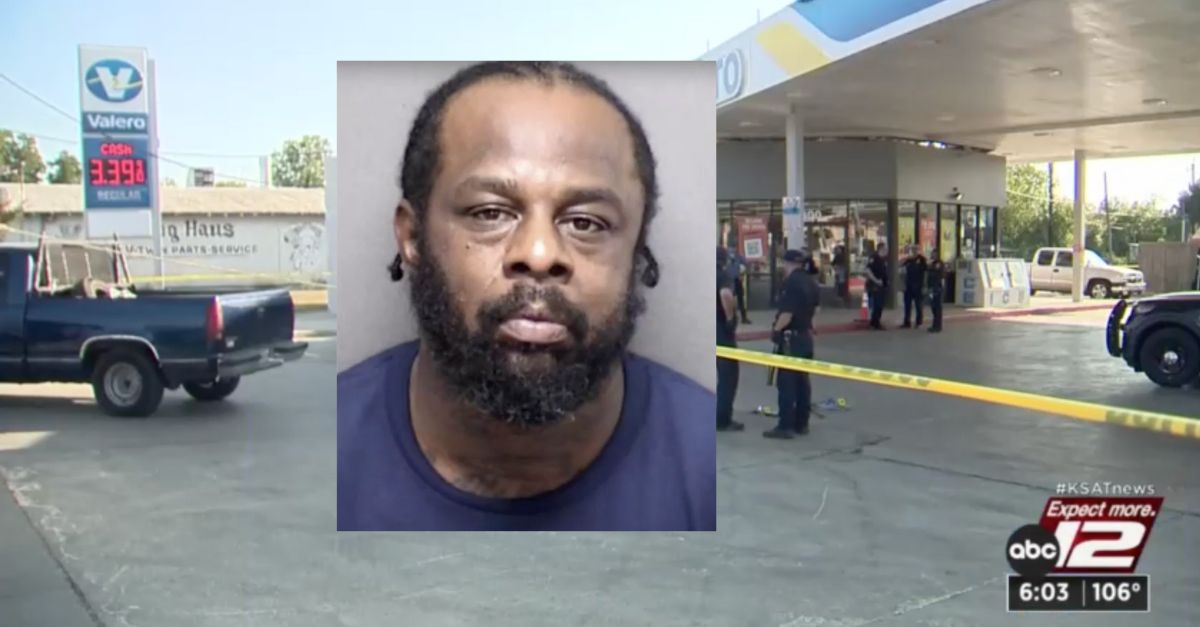 Giovanni Pera Paschal appears inset against an image of the gas station where he allegedly shot and killed his girlfriend in San Antonio, Tex. in August 2023