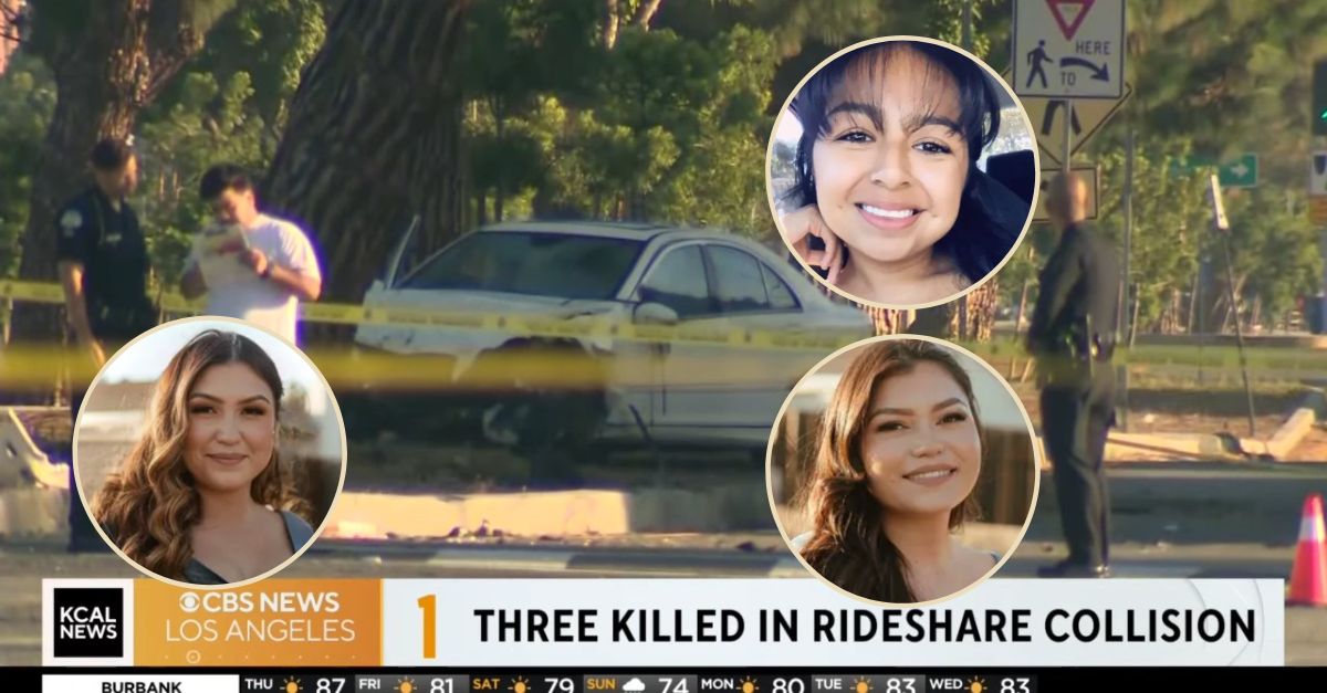 Gregory Black faces charges in a crash that killed sisters Veronica Amezola, bottom right inset, and Kimberly Izquierdo, left inset, and their childhood friend Juvelyn Arroyo, top inset. (Victims' photos from GoFundMe; Crime scene screenshot from Los Angeles CBS affiliate KCAL-TV)
