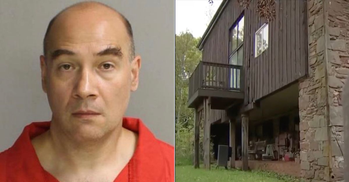 Aaron Deshong (MCDA) and the home where he allegedly killed his mother and brother (YouTube/WCAU screenshot)