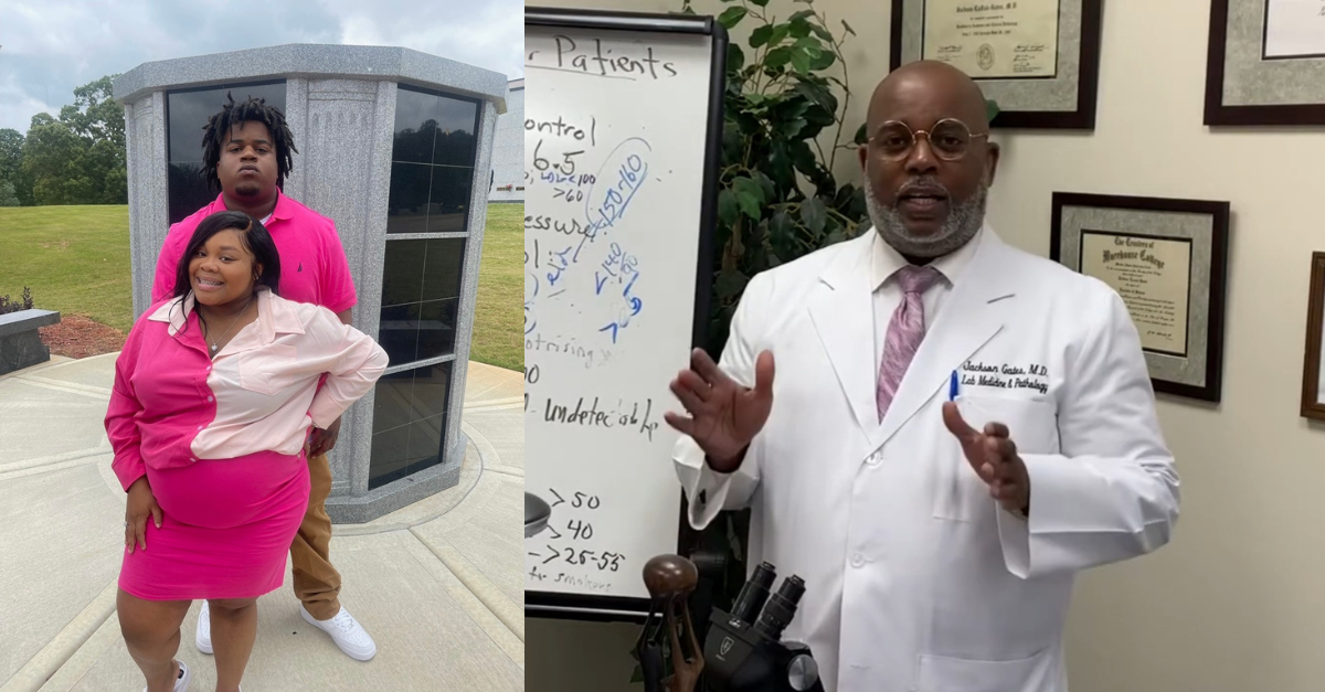 Jessica Ross and Treveon Isaiah Taylor Sr. say that they hired Dr. Jackson Gates to perform an autopsy on their son, Treveon Isaiah Taylor Jr., who died during a botched delivery. Gates took video of the autopsy and posted it to Instagram without their permission, they said. (Image of Ross and Taylor: Family handout; screenshot of Gates in a 2020 video from his YouTube account, The Institute of Pathology and Laboratory Medical Science)