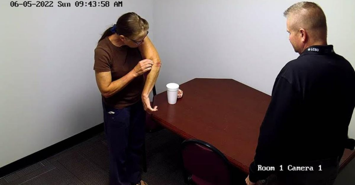 Trial exhibit photo of Jaqueline Bledsoe in interview room showing "bruises" on elbow after three-hour break from interrogation by Louisa County Sheriff's Office. following the murder of Melvin Hansen. Photo provided by Louisa County Commonwealth Attorney's Office. 