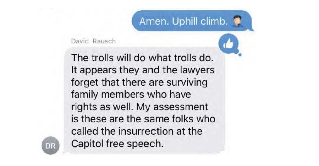 A text message from TBI Director David Rausch talking about the Garon case (court documents)