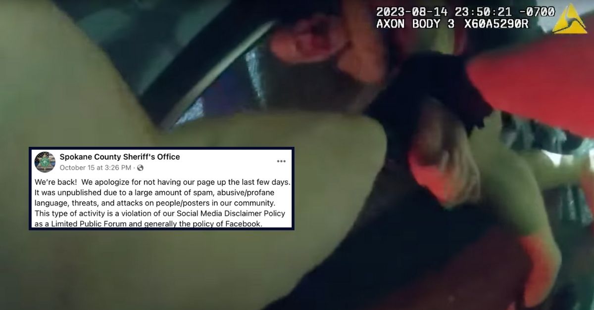 Kevin Hinton is allegedly beaten by Spokane County Sheriff's Office Sgt. Clay Hilton; a message from the sheriff's office appears inset on the left.