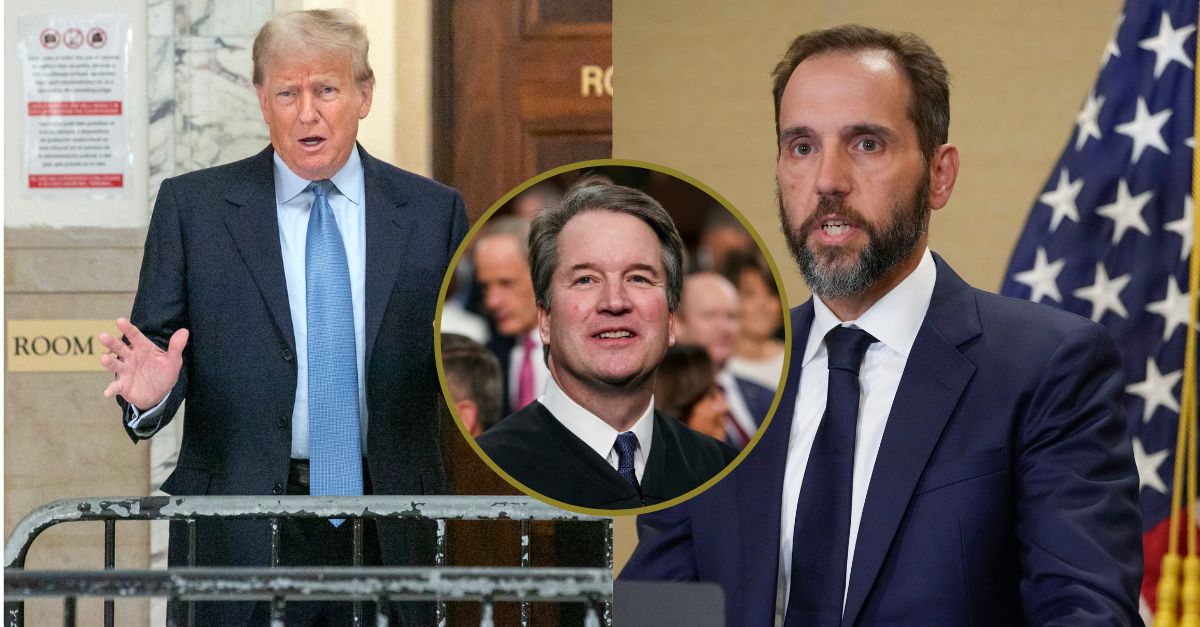 Left: Former President Donald Trump speaks in New York City on Wednesday, October 18, 2023, outside the New York Supreme Court room where the civil fraud trial is underway that imperils his real estate empire. (AP Photo/Ted Shaffrey). Center inset: Supreme Court Associate Justice Brett Kavanaugh watches as President Donald Trump arrives to give his State of the Union address to a joint session on Congress at the Capitol in Washington, on Feb. 5, 2019. (Doug Mills/The New York Times via AP, Pool, File)/Right: Special counsel Jack Smith speaks about an indictment of former President Donald Trump, Aug. 1, 2023, at a Department of Justice office in Washington. (AP Photo/Jacquelyn Martin, File)