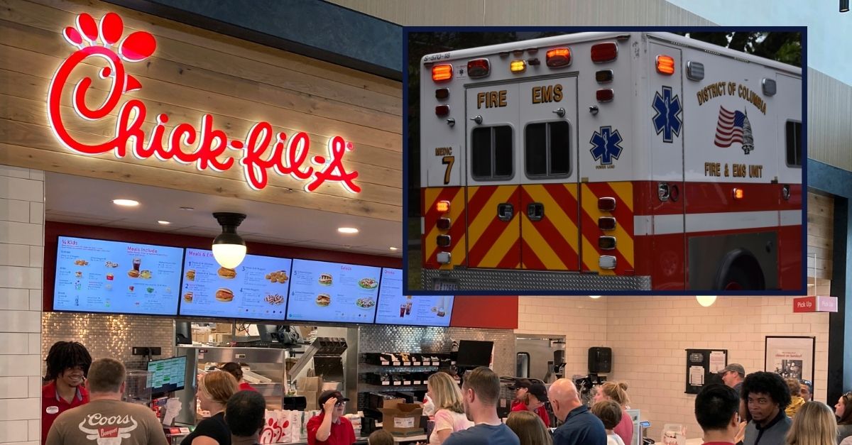 Background: People line up to order fast food from a Chick-fil-A restaurant, June 30, 2023. (AP Photo/Ted Shaffrey). Inset: Ambulance responding to the scene of a shooting in Washington, DC in August 2023. (Photo by Kyle Mazza/NurPhoto via AP)