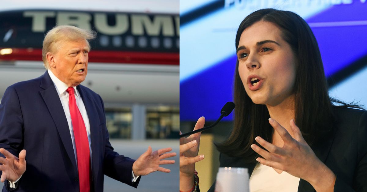 Left: Former President Donald Trump speaks with reporters before departure from Hartsfield-Jackson Atlanta International Airport, Aug. 24, 2023, in Atlanta. AP Photo/Alex Brandon, File) / Right: Colorado Secretary of State candidate Jenna Griswold, D-Colo., speaks during a debate at the Penrose House in Colorado Springs, Colo., on Saturday, Oct. 13, 2018. (Jerilee Bennett/The Gazette via AP)
