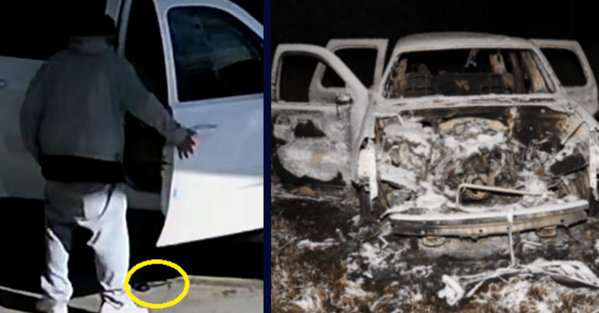 Left: Avis Coward allegedly pictured next to a gun; Right: a burned out SUV