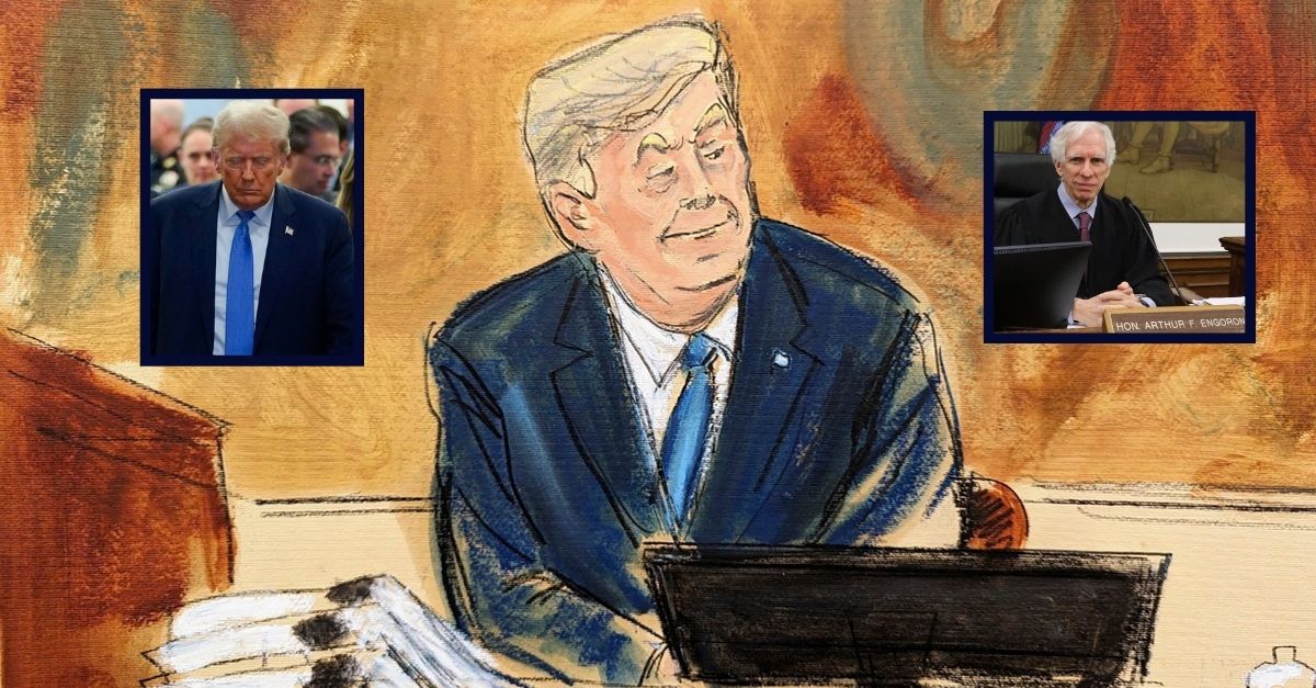 Donald Trump appears in a courtroom sketch. Inset left: Trump leaves court in his civil fraud trial; inset right: Justice Arthur Engoron oversees the trial in lower Manhattan