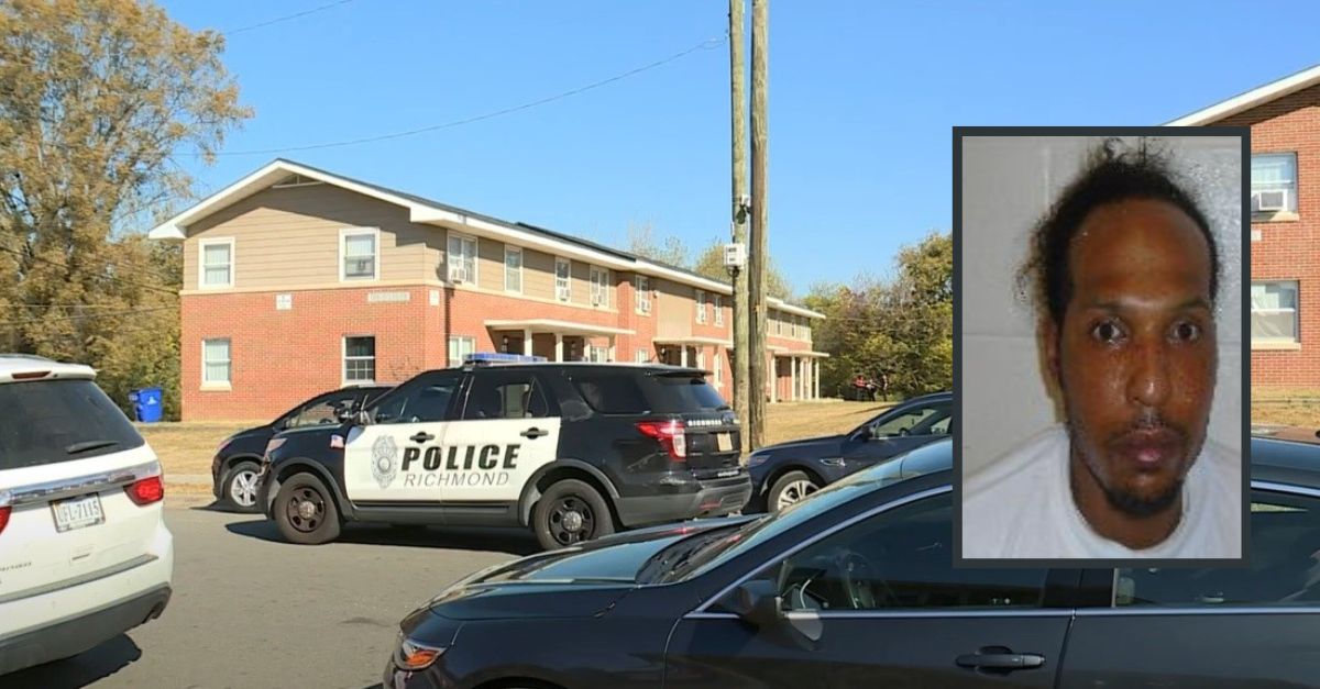 Background: A crime scene is established at an apartment complex in Richmond, Virginia in November after a 3-year-old boy was accidentally shot by his father, Joshua Aaron Riley, pictured inset. Background courtesy YouTube screengrab from CBS affiliate WTVR. Inset booking photo courtesy of Richmond Police Department. 