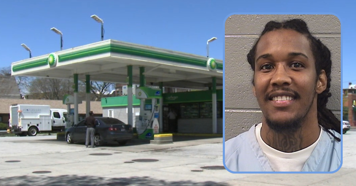 A court vacated the conviction of Darien Harris, pictured in inset, for allegedly murdering Rondell Moore and injuring Quincy Woulard at a BP gas station, but prosecutors want to retry him in spite of the revelation that the key eyewitness was legally blind. (Mug shot: Cook County Jail; screenshot of the gas station: WLS)