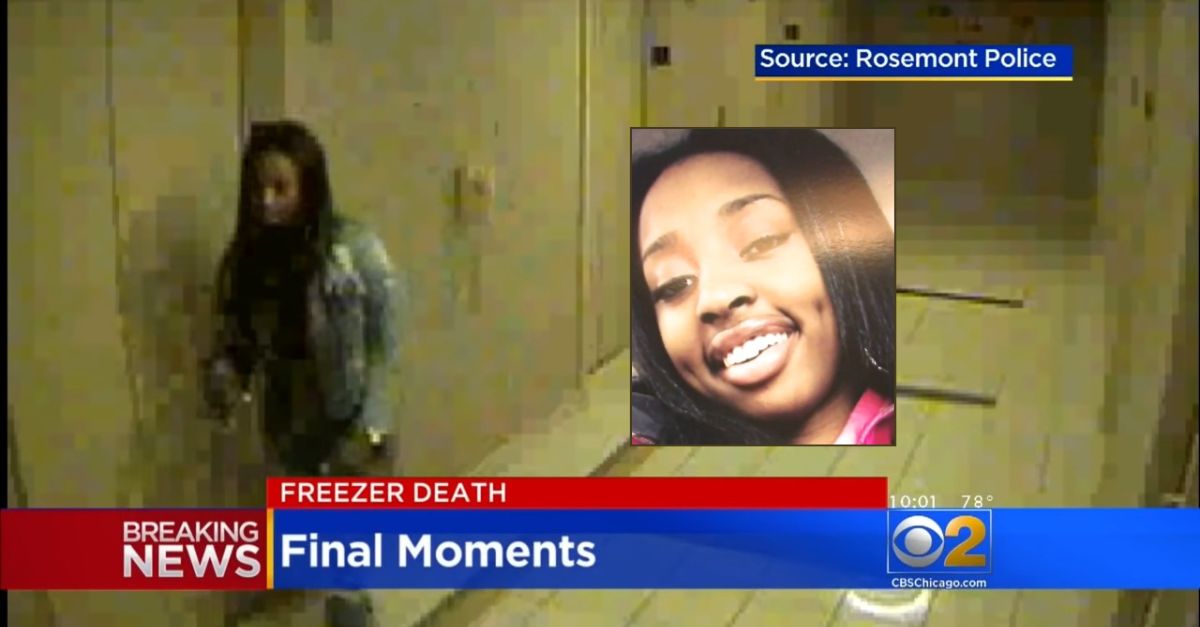 Kenneka Jenkins is seen in her final moments in a Chicago hotel surveillance video before dying in freezer. (Surveillance video screenshot from Rosemont Police Department via CBS Chicago/YouTube; Jenkins photo from news conference with family lawyer)